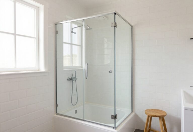 Small bathroom with a tub and shower combo featuring a glass door and white tile