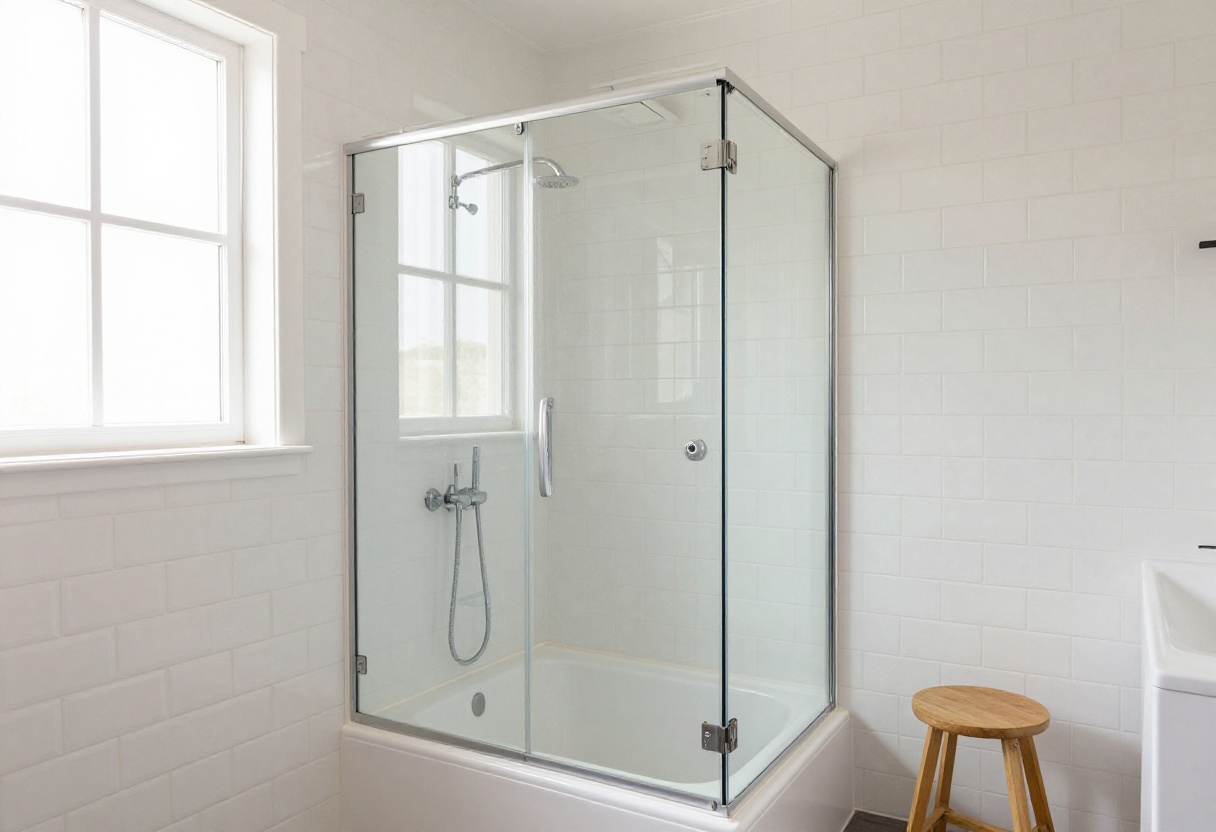 Small bathroom with a tub and shower combo featuring a glass door and white tile