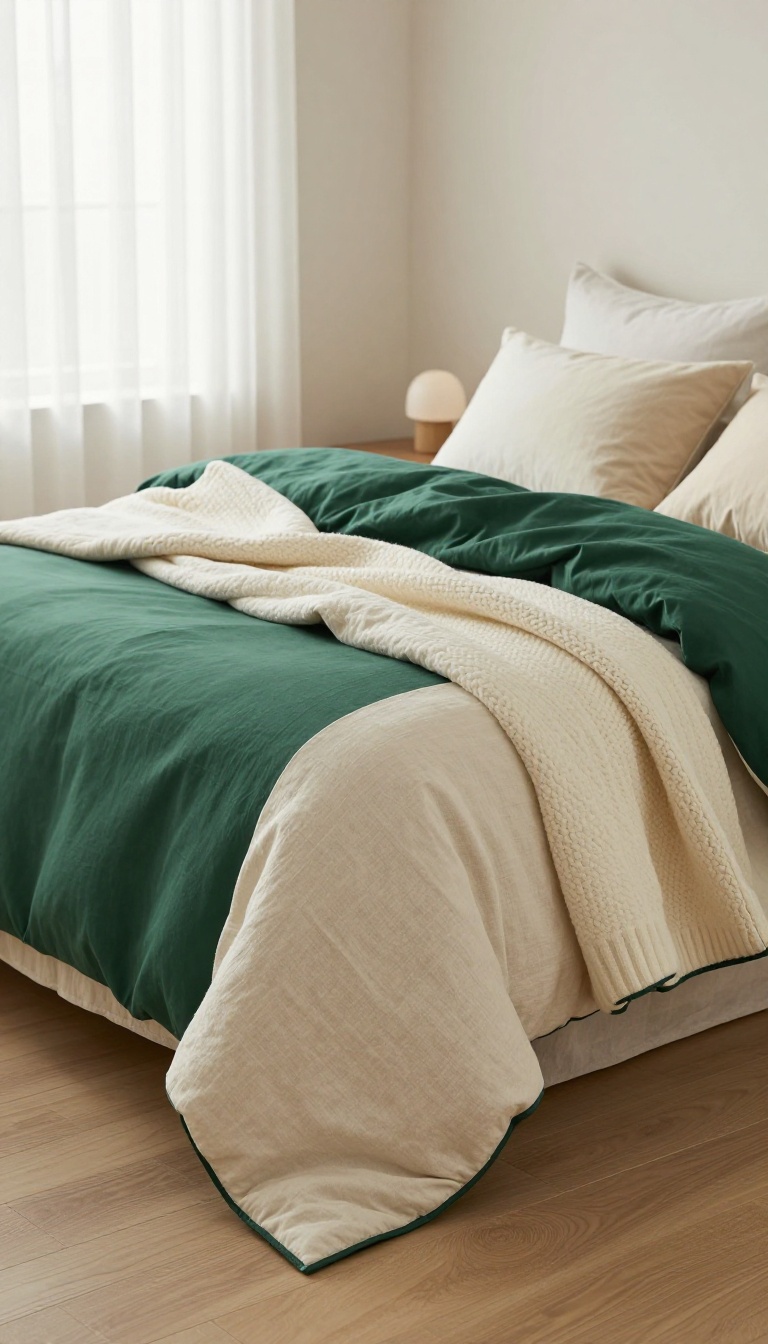 Green comforter layered with neutral linen, cotton quilt, and chunky knit throw on a cozy bed in bright natural light