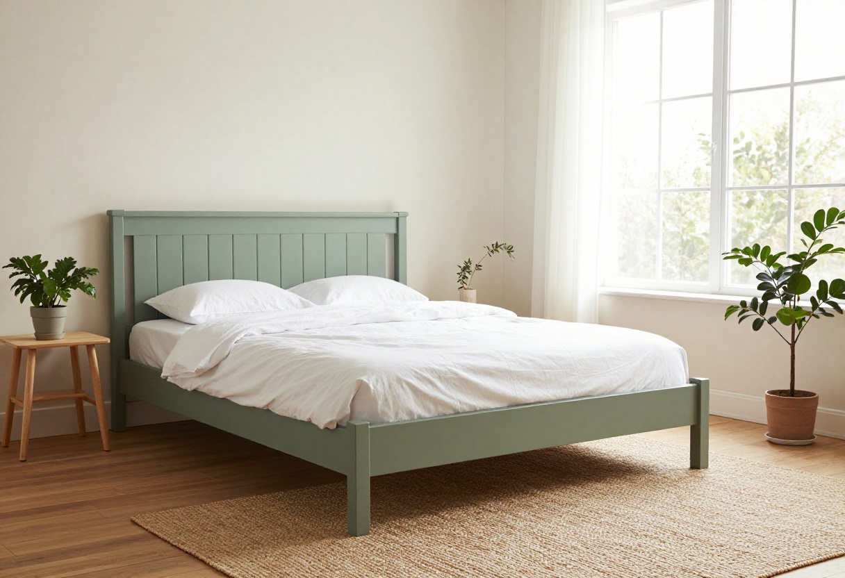 Sage green bed frame with white bedding in a naturally lit bedroom with plants and a jute rug.