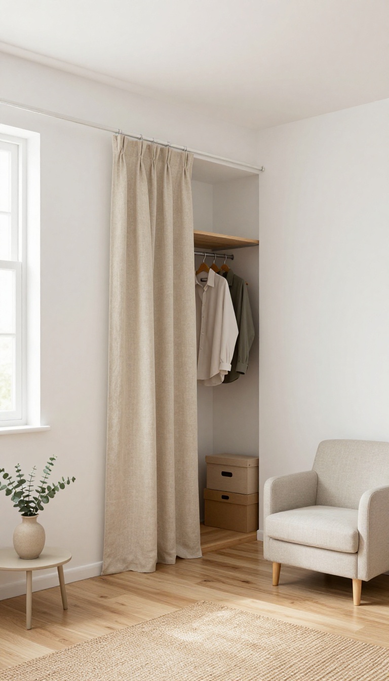 Small spare bedroom with a fabric curtain replacing the closet door, letting a chair sit close to the closet wall in bright natural light