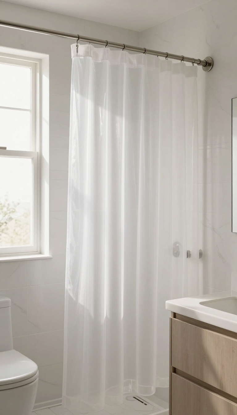 Bright bathroom with a double shower curtain rod, white sheer outer curtain and clear vinyl inner liner, brushed nickel finish, natural light