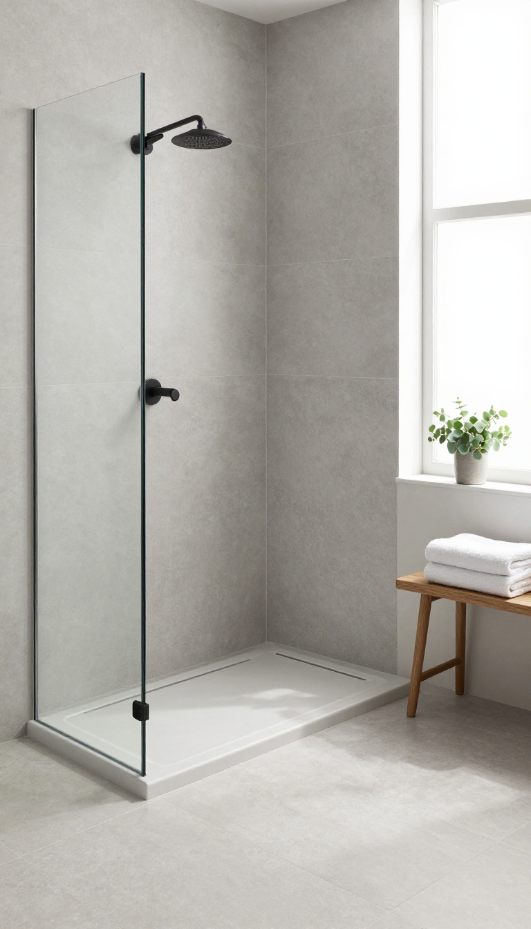 Modern curbless walk-in tiled shower with a linear drain and seamless large-format tile floor in a bright minimalist bathroom