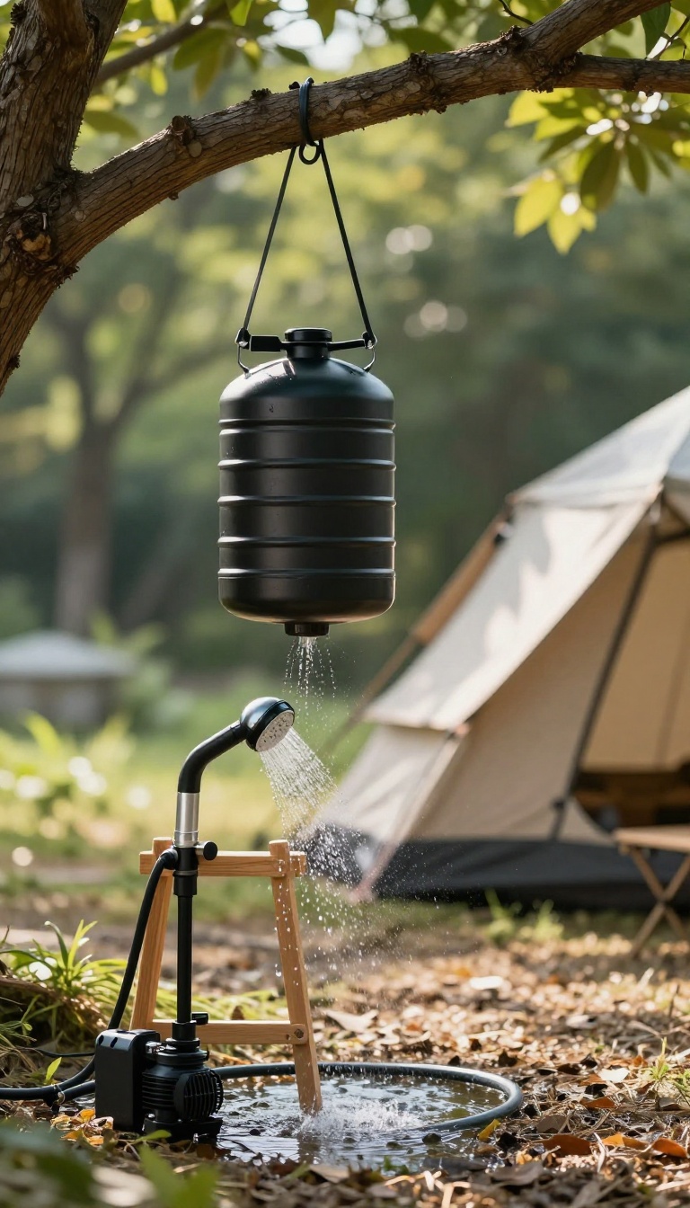 Solar heated shower setup with a black water tank suspended from a tree branch, connected to a pump and handheld showerhead, in a sunny campsite.