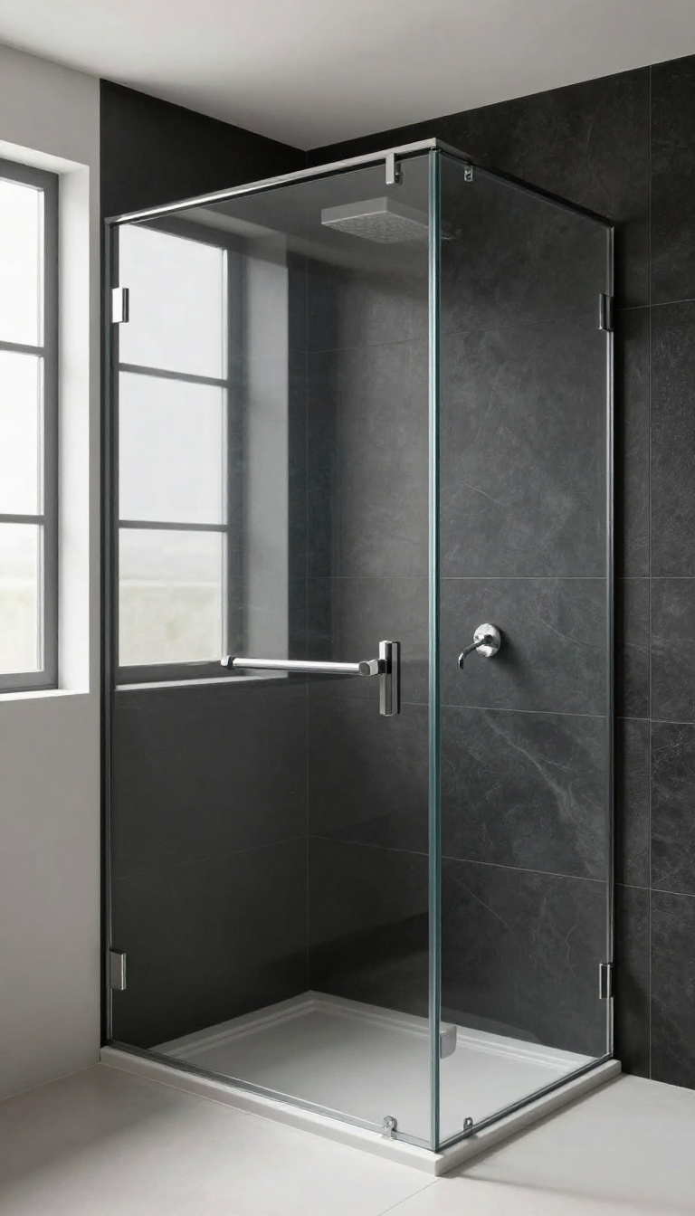 Frameless glass shower enclosure framing matte black tile walls in a bright modern bathroom