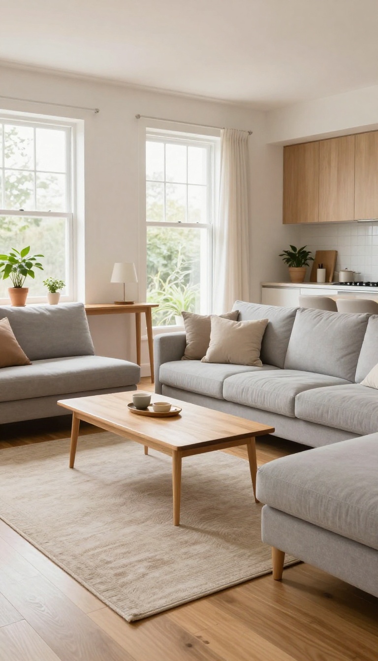 Small open-plan living room with a floating grey sofa pulled away from the wall, slim console table behind it, and a bright kitchen in the background