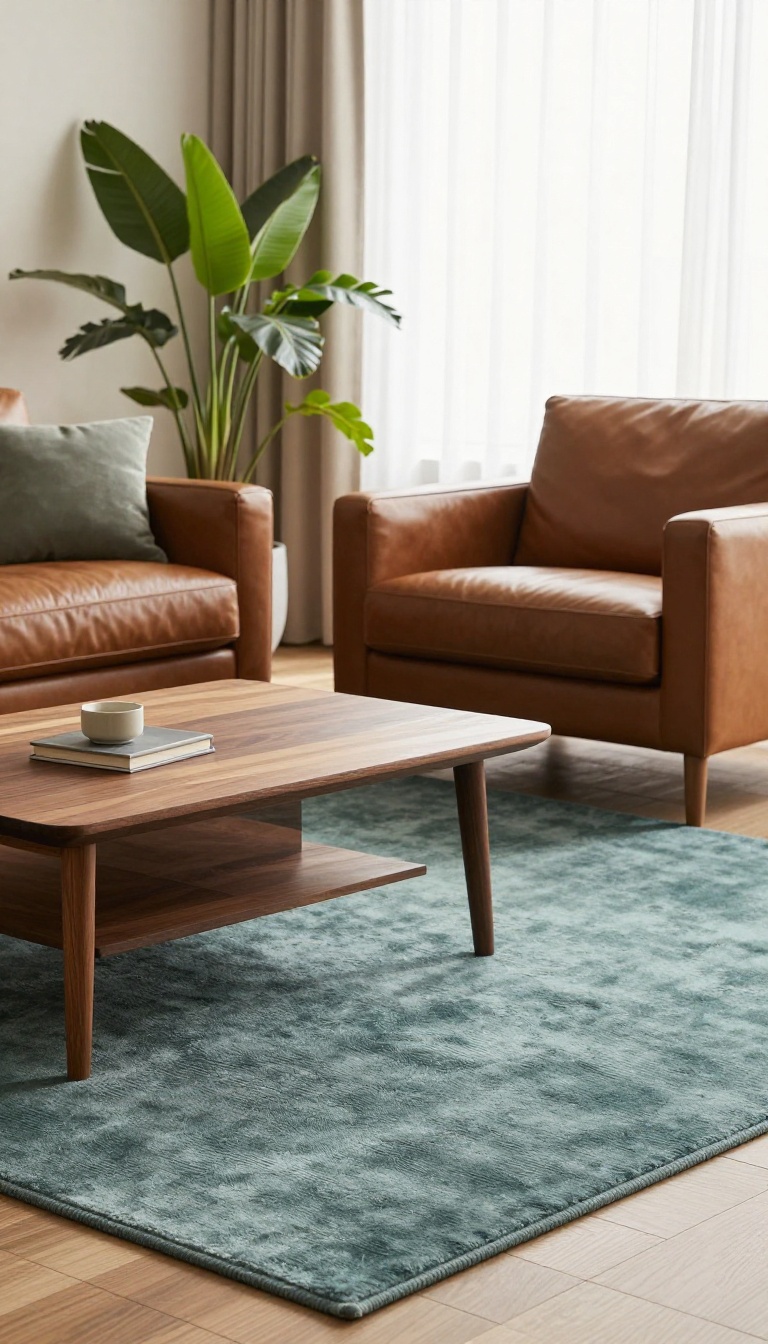 Warm modern living room with a large teal area rug anchoring a mismatched group of brown leather and wood furniture in bright natural light