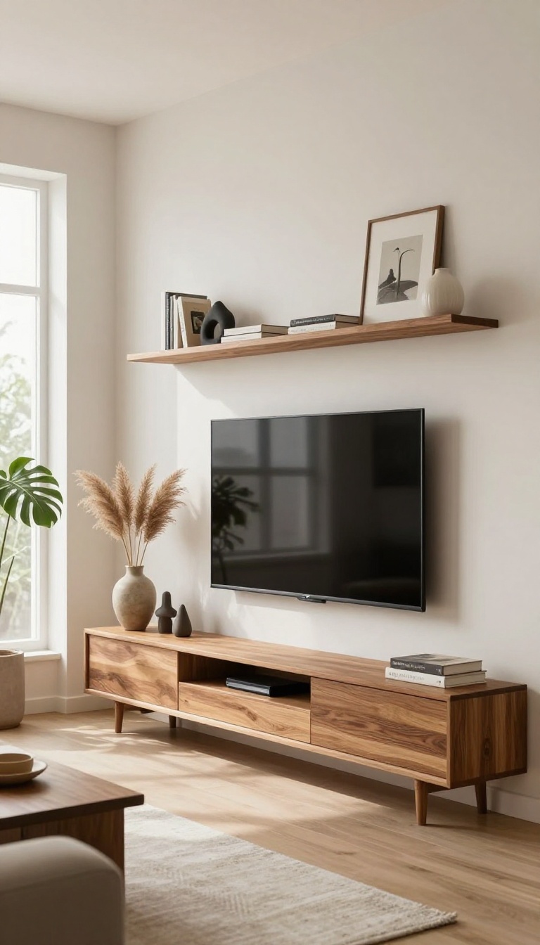 Modern living room TV wall with staggered floating wooden shelves at different heights and lengths, styled with vases, sculptures, books, and a trailing plant in bright natural light