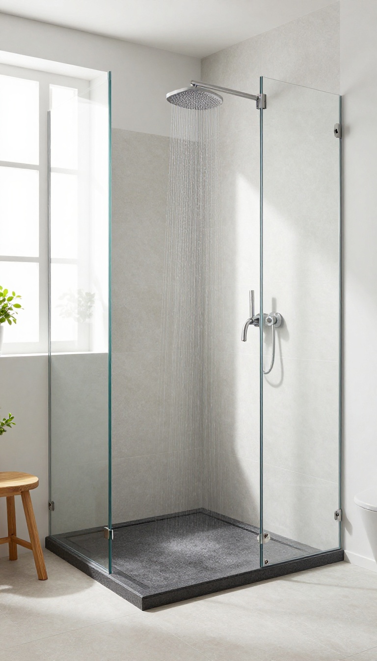 Modern bathroom with a contrasting dark shower threshold against light gray tiles