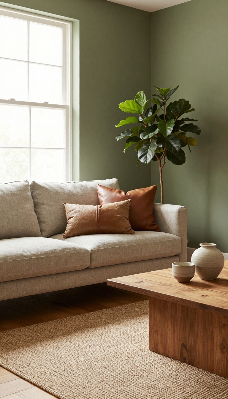 Cozy living room with olive green walls, natural light, and earthy wood and linen furnishings