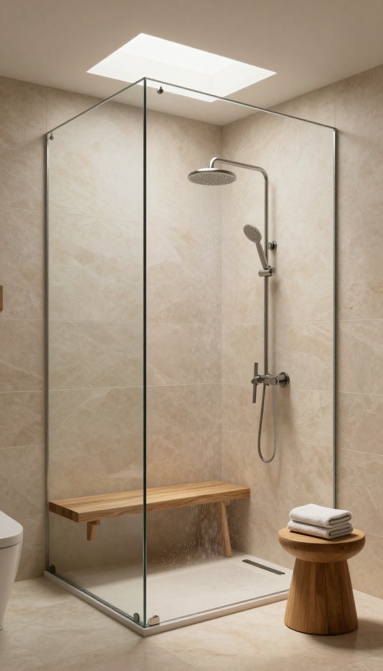 Minimalist wet room with steam feature and natural stone tiles