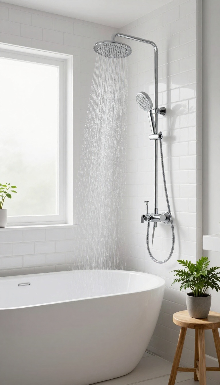 High-mounted showerhead with handheld on a slide bar above a bathtub in a small bright bathroom