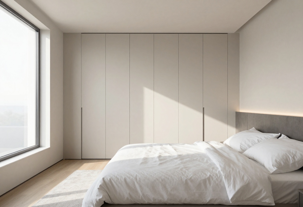 Modern bedroom with a sleek built-in wardrobe featuring flush doors and integrated lighting.