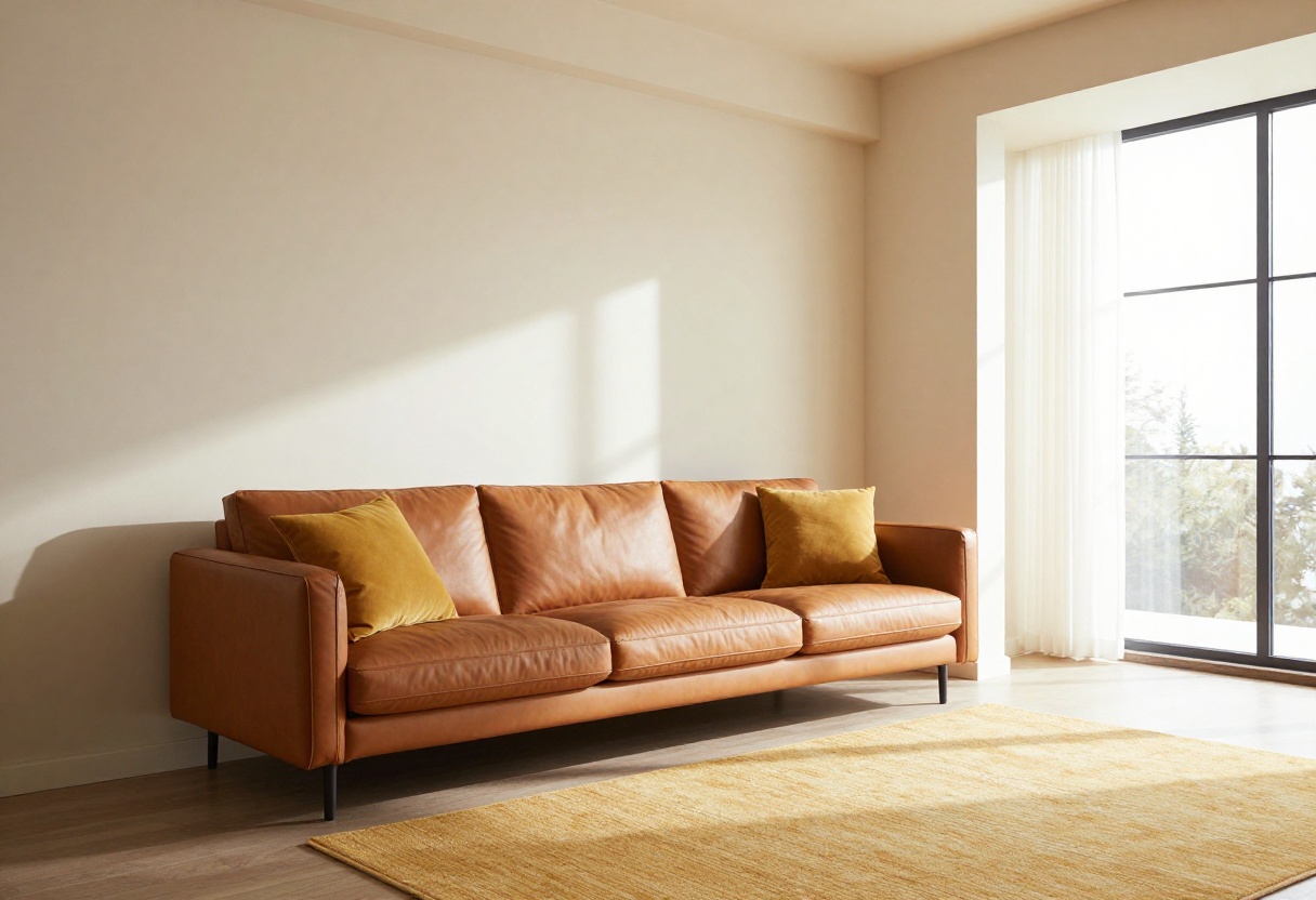 Cozy living room with brown and yellow decor, featuring a caramel leather sofa and mustard yellow accents.