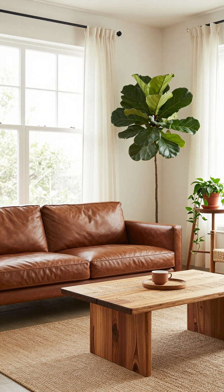 Chocolate brown leather sofa in a bright living room styled with a reclaimed wood coffee table, rattan chair, jute rug, and lush green plants for earthy warmth