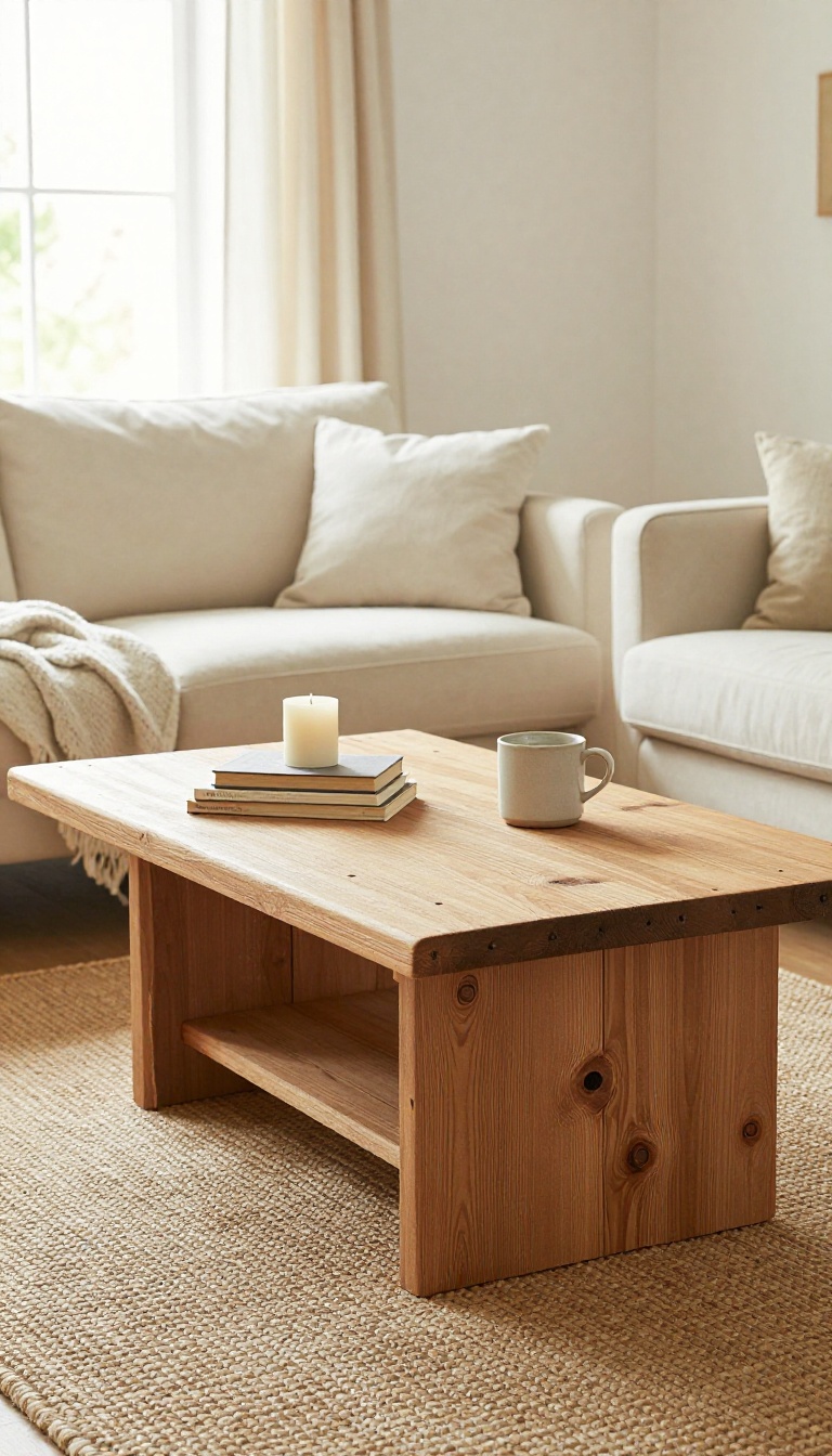 Cozy country living room with a reclaimed wood coffee table styled with books, a candle, and a coffee mug beside a slipcovered sofa and woven rug in bright natural light.