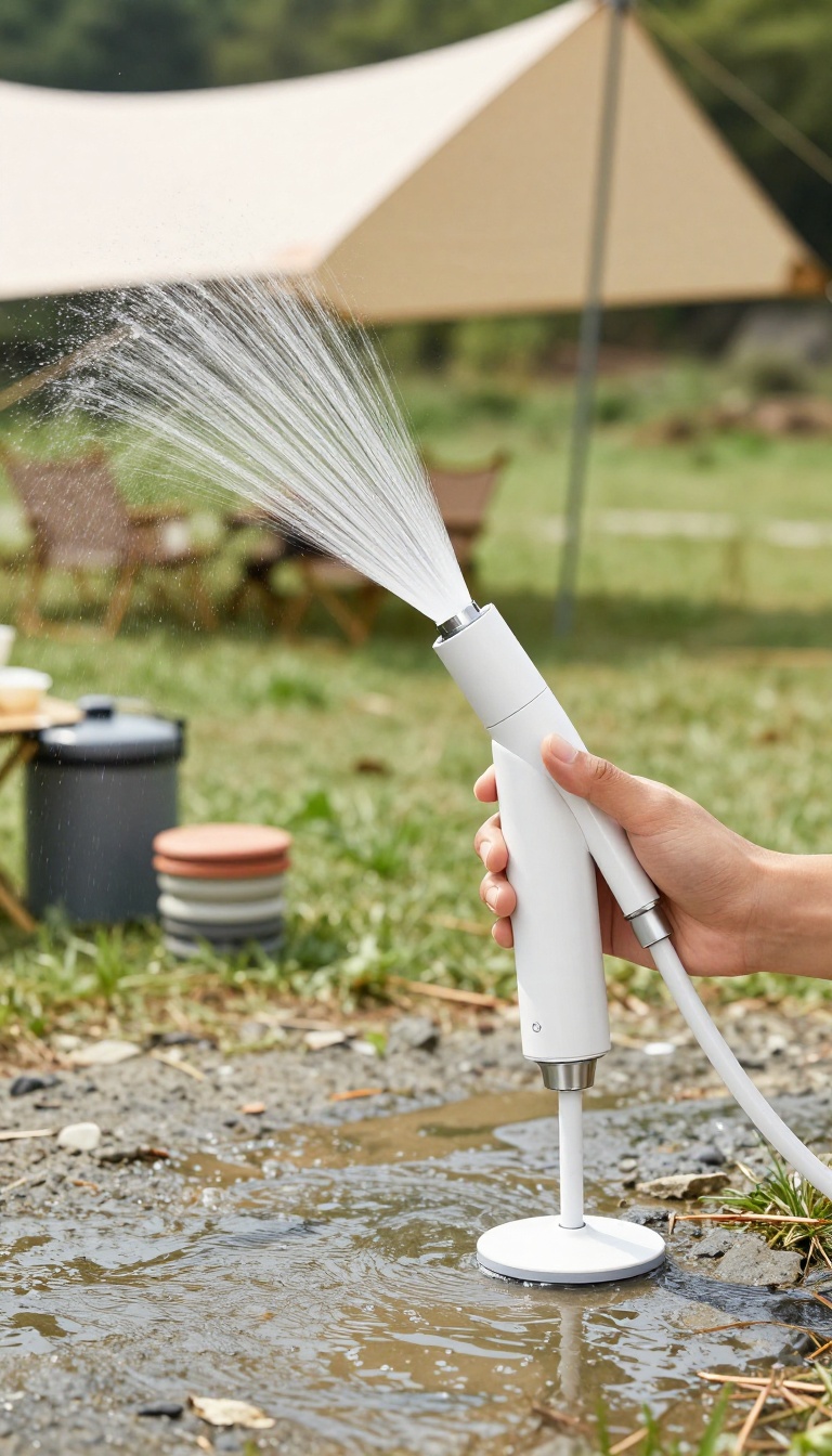 Person using a portable rechargeable shower device at a campsite, spraying water, with a tent and water container in the background.
