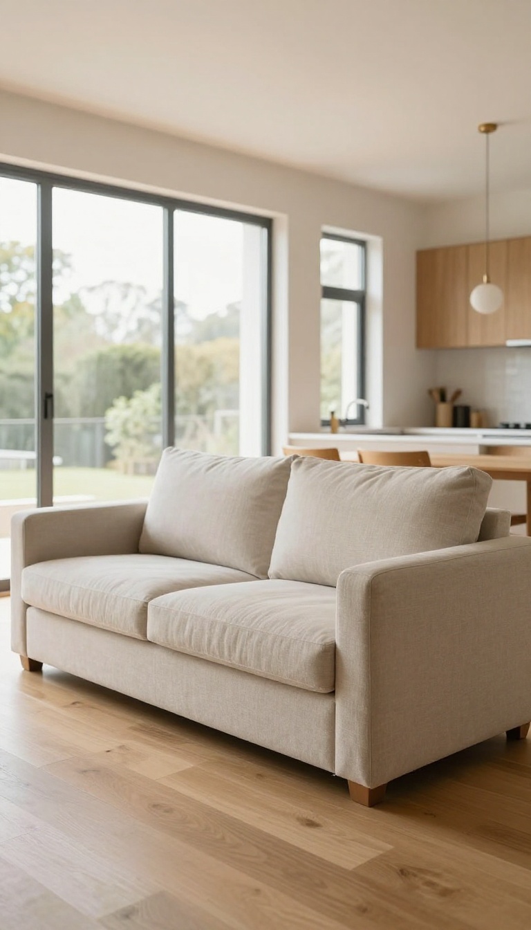 Bright open-plan living room with a low-back two-sided sofa floating in the middle of the room, its finished upholstered back dividing the living area from the kitchen and dining zone