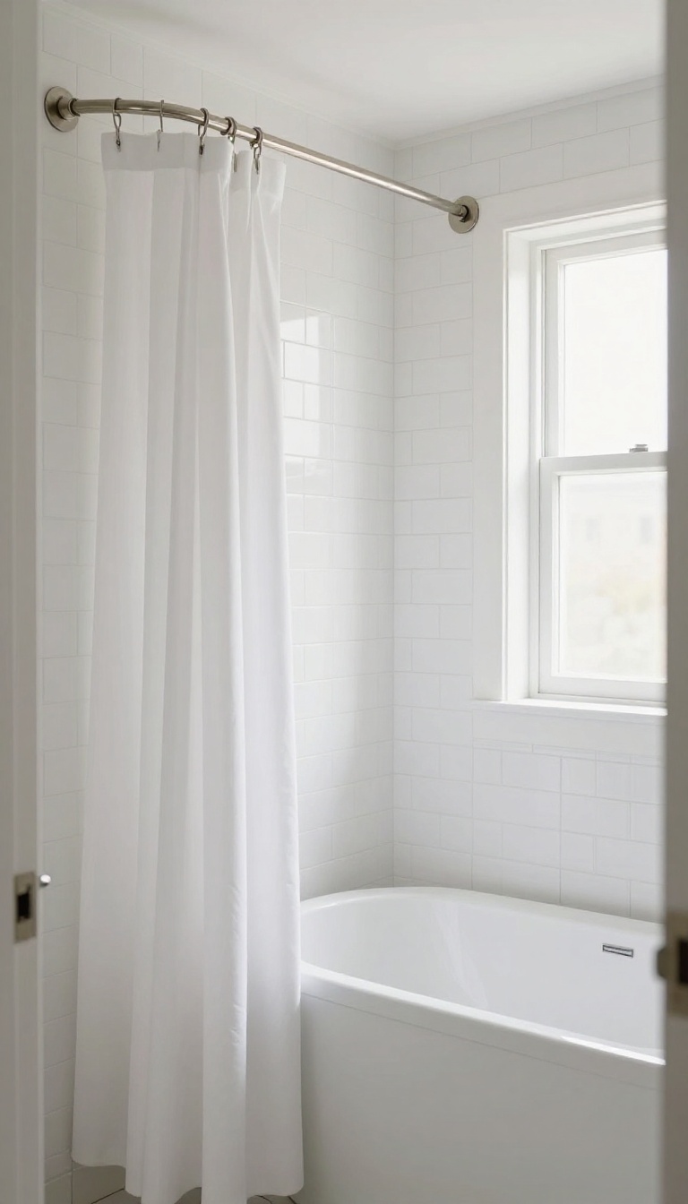 Curved shower curtain rod in a bright bathroom, adding extra space and a polished look.