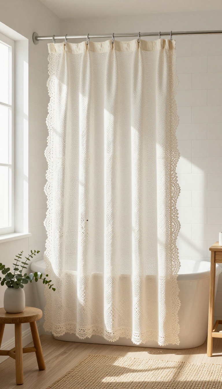 Bright boho bathroom with a white shower curtain topped by a handmade crochet lace panel overlay in cream tones
