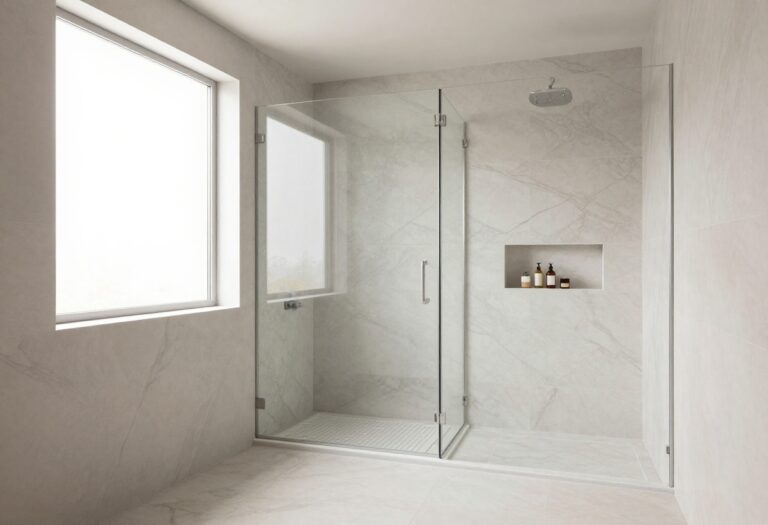Modern master bath walk-in shower with frameless glass, curbless entry, and marble-look tile.