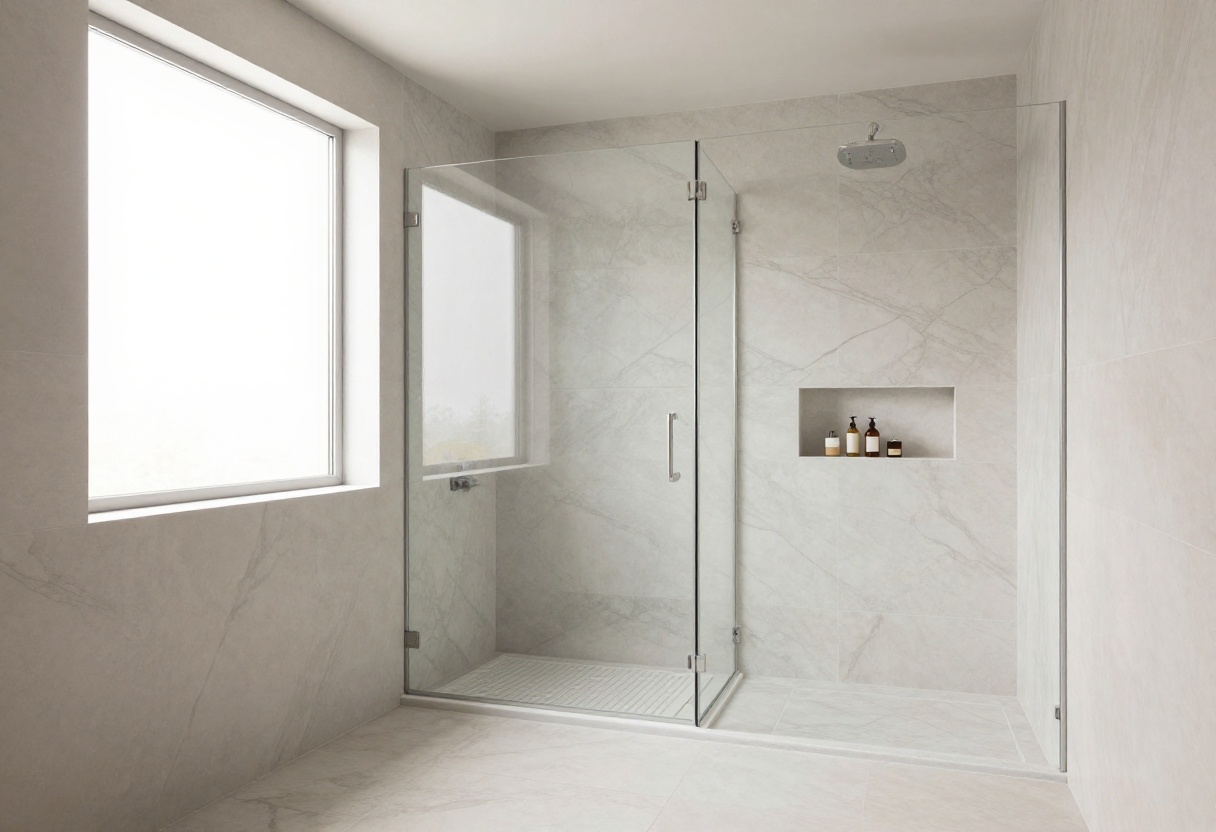 Modern master bath walk-in shower with frameless glass, curbless entry, and marble-look tile.