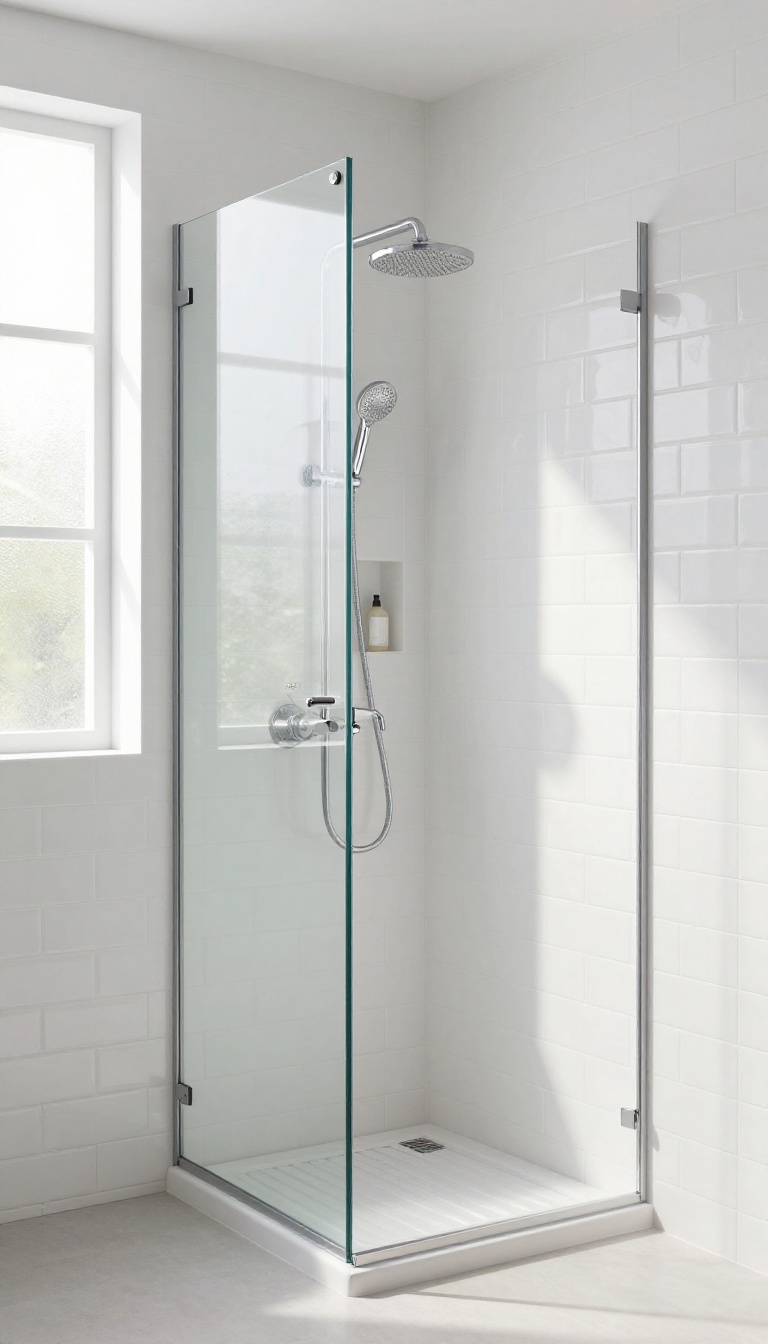 Small standing shower with vertical white subway tiles, glass door, and rain showerhead, bright and airy bathroom design