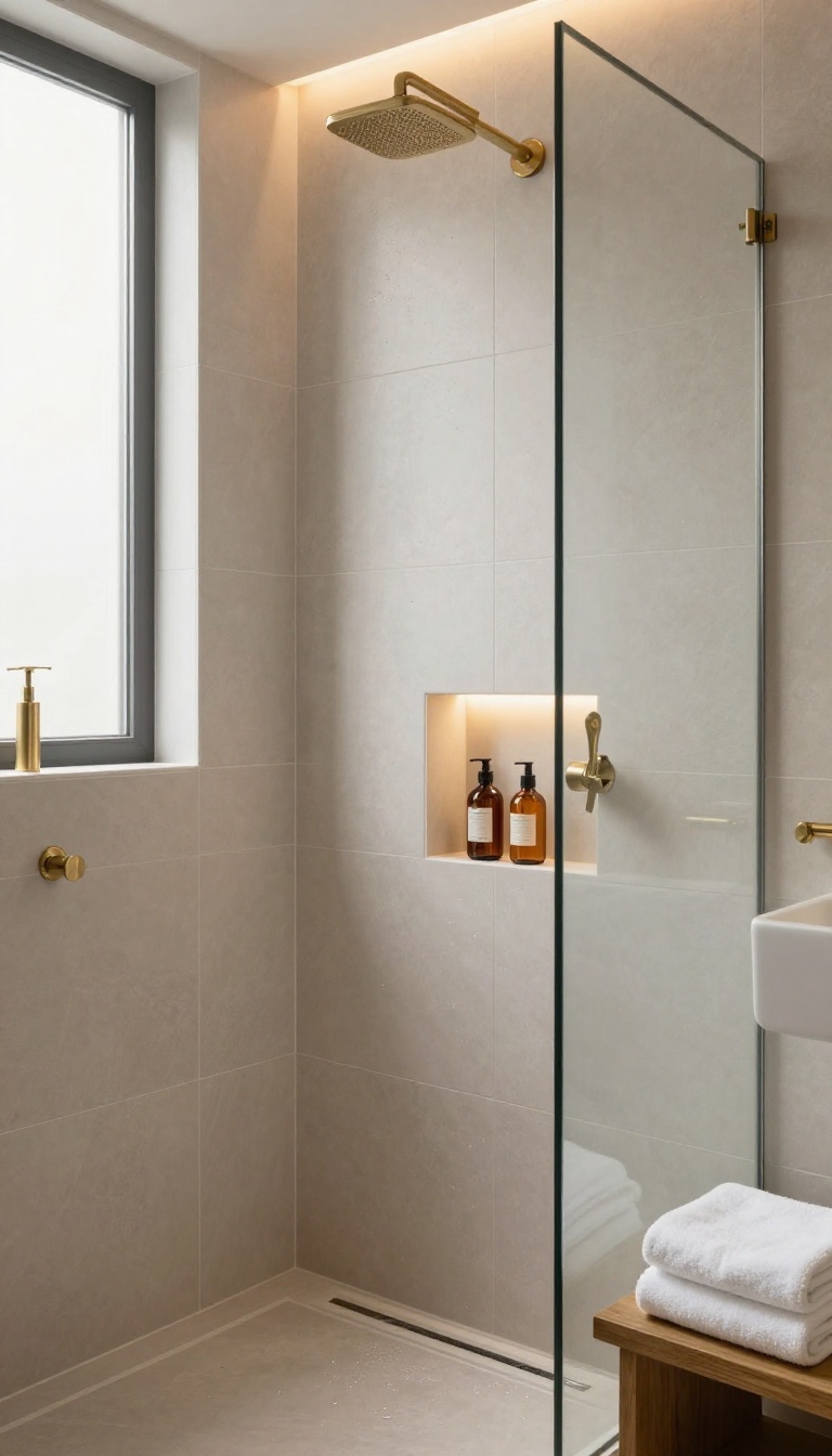 Modern shower with a tiled knee wall lit by a hidden LED strip under the cap, glowing softly over tile and a shampoo niche.