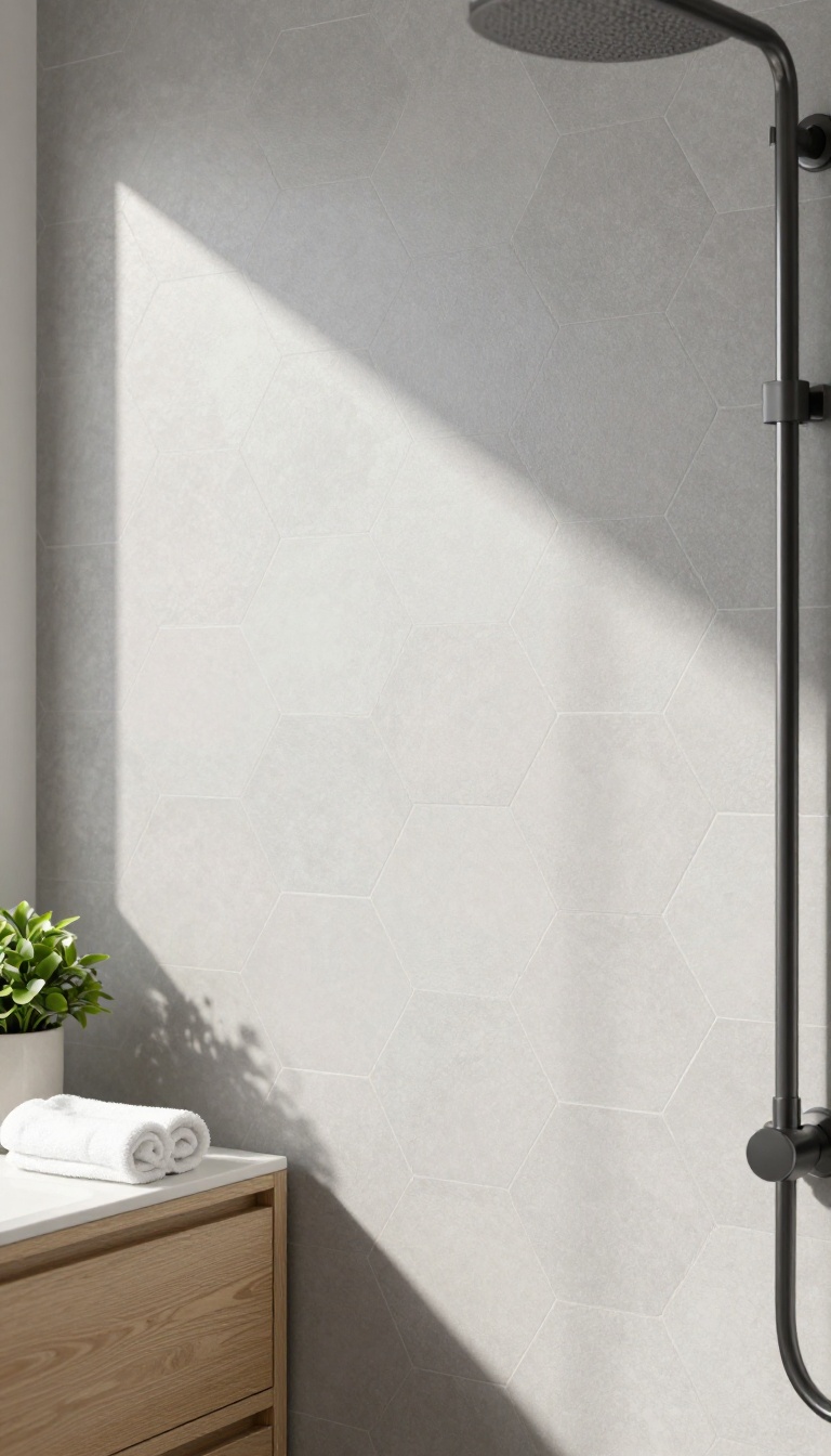 Matte gray hexagon tiles covering a bright modern shower wall with soft natural light and minimal styling