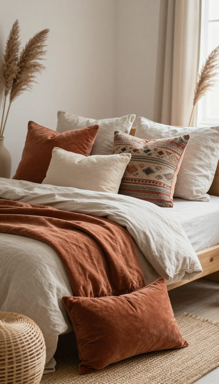 Boho bedroom bed layered with velvet, cotton, linen, and kilim throw pillows in mixed sizes and earthy tones