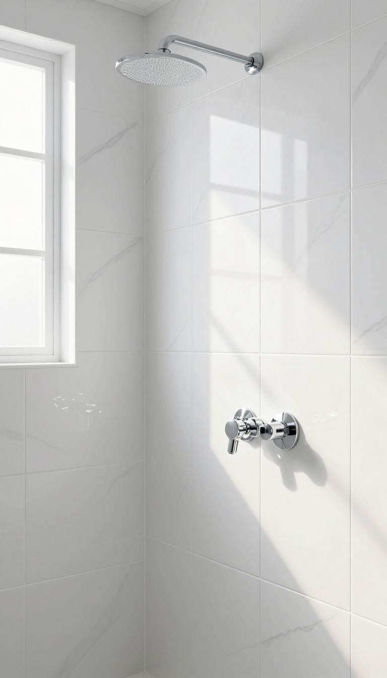 Bright white large-format ceramic tile shower wall with soft gray veining and chrome fixtures in a polished budget bathroom remodel