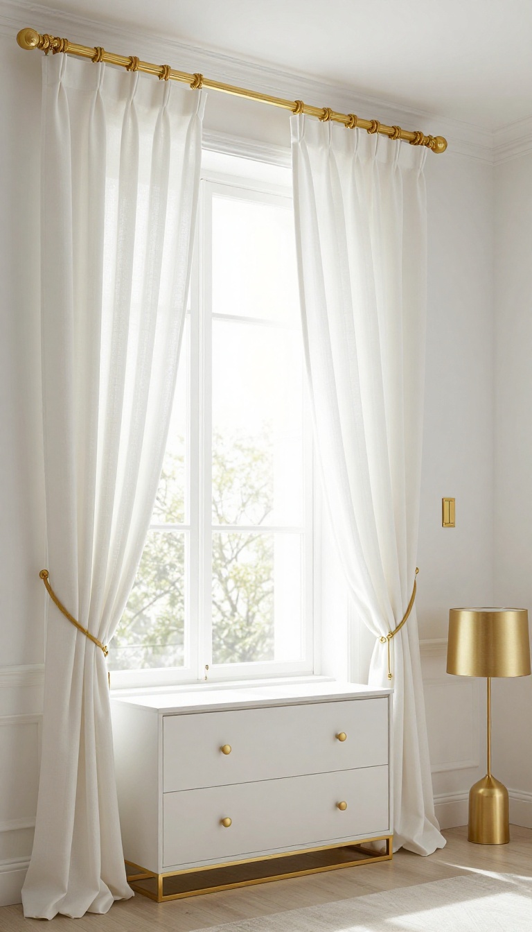 White living room with gold curtain rods, decorative finials, and matching satin gold hardware for an elegant glam look