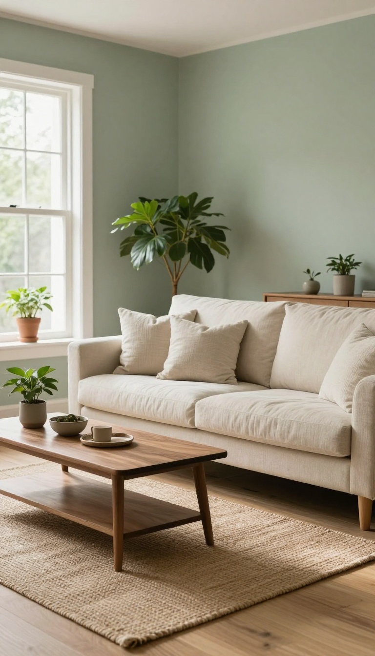 Cozy living room with soft sage green walls, natural light, light oak floors, and a cream sofa styled with wood furniture and plants