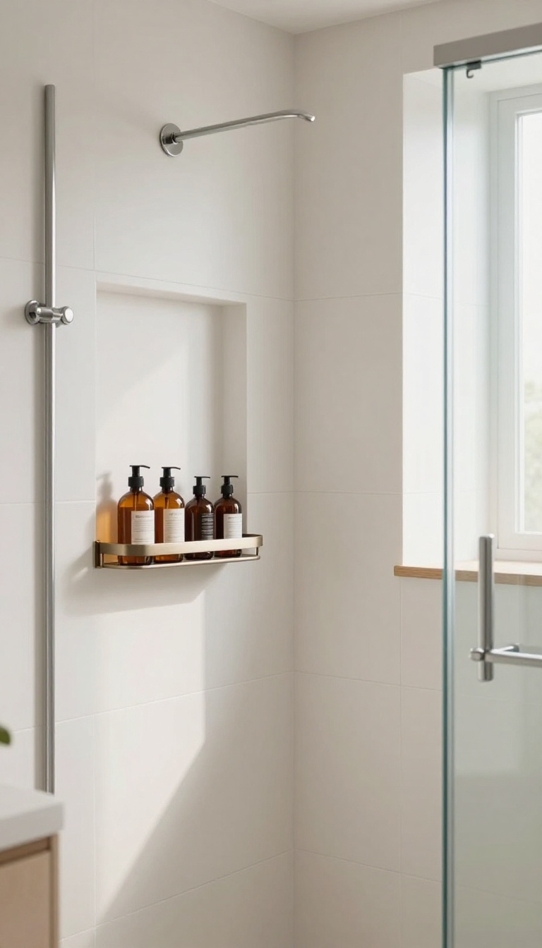 Modern bathroom shower with a recessed tile niche, slim corner caddy, and vertical shower tower keeping toiletries organized and out of the way