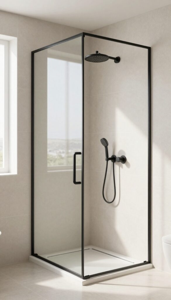 Photorealistic bathroom with a no-door walk-in shower, light tiles, and matte black fixtures for contrast.