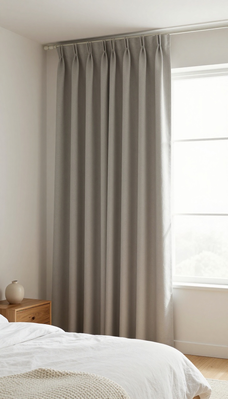 Bedroom window with blackout curtains and a tailored valance blocking light gaps above the rod