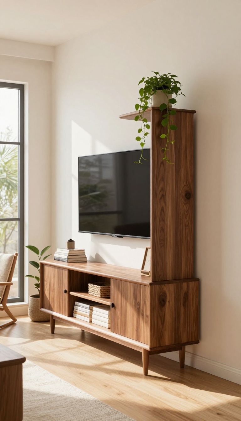 Tall wooden media console with vertical storage in a bright living room with high ceilings