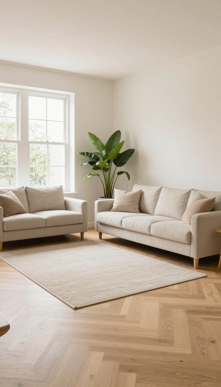Bright low-ceiling living room with light oak herringbone floor and soft neutral decor reflecting natural daylight