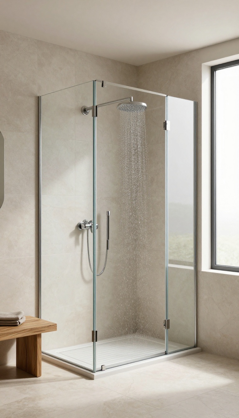Modern bathroom with a frameless pivot glass shower door swinging inward, highlighting its dual-swing functionality and sleek design.