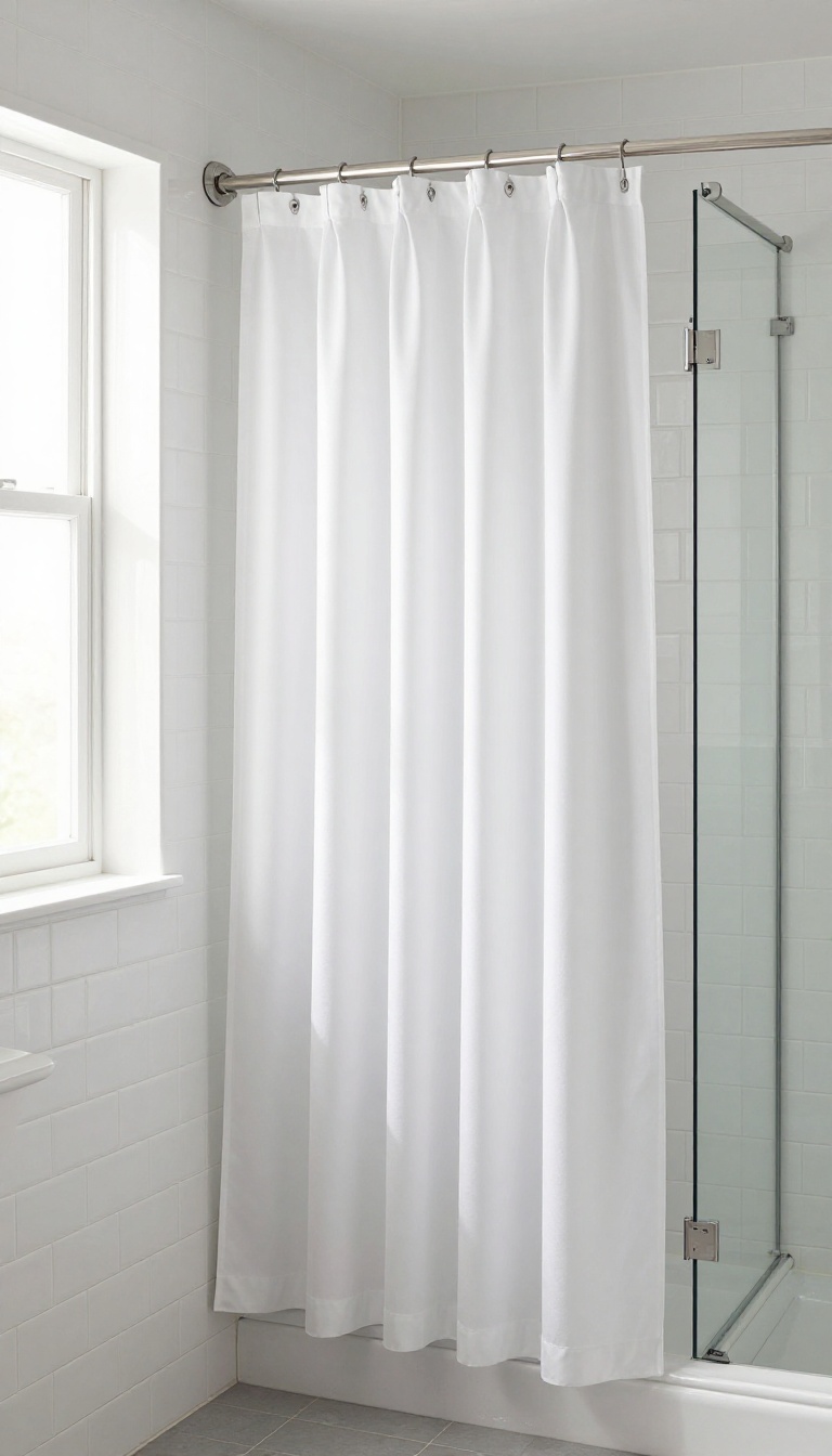 Adjustable shower curtain rod with offset flanges mounted at an angle in a modern bathroom with a window and tile ledge