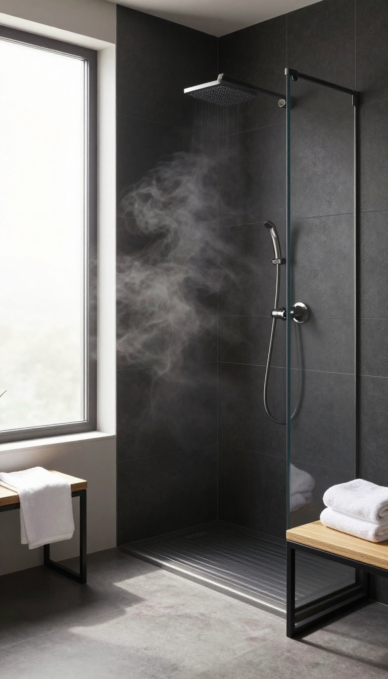 Modern black tiled shower with warm underfloor heating and soft natural light in a calm bathroom