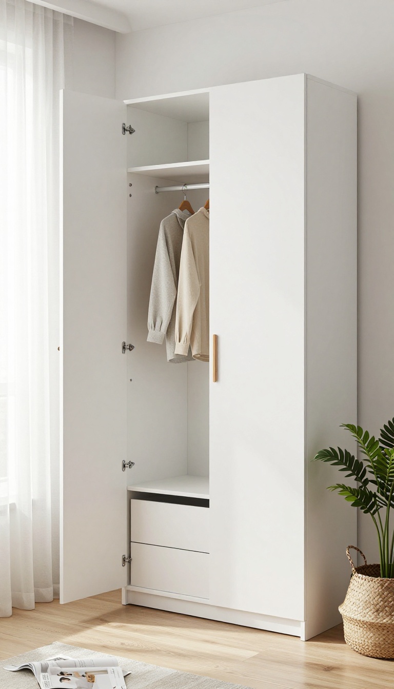 Bright modern bedroom with a sleek modular wardrobe system made of two matching white oak units, one open to show hanging space, shelves, and a drawer