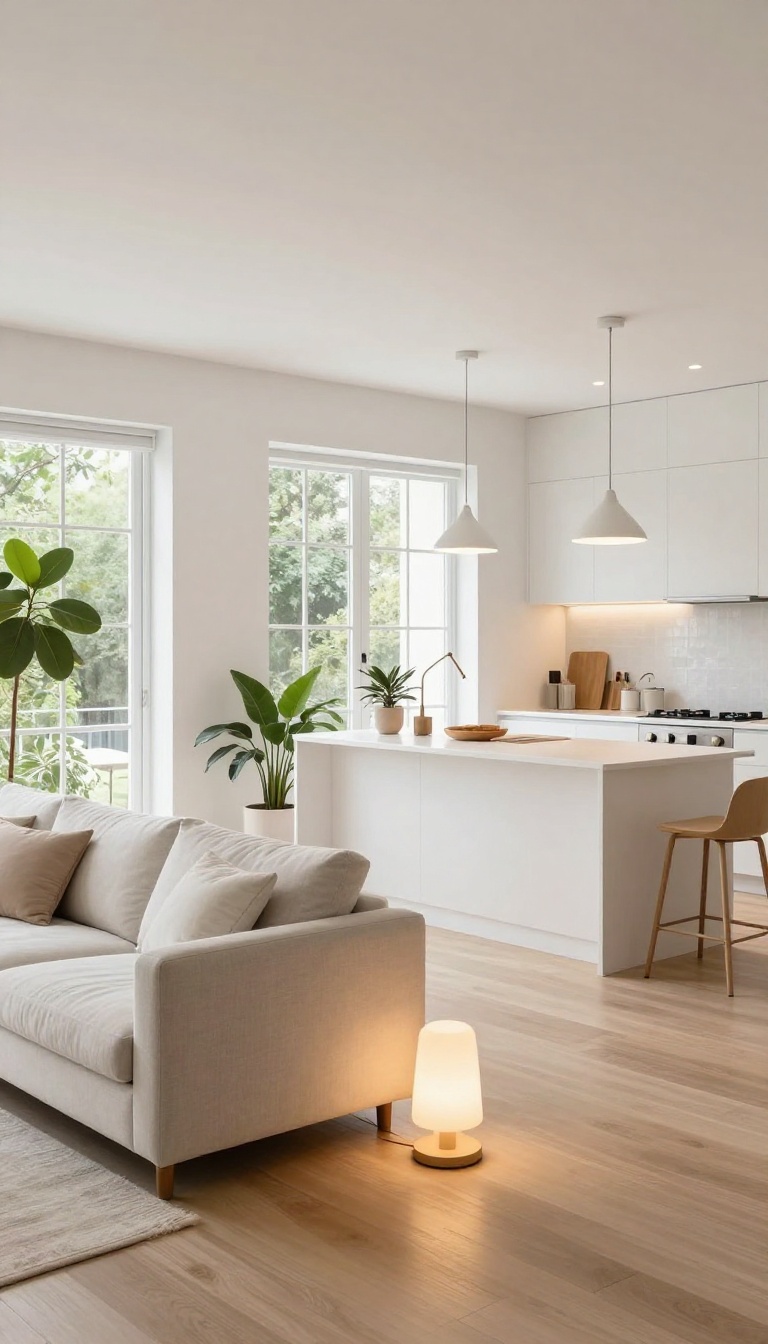 Open-concept living room and kitchen with layered lighting, pendant lights over the island and a floor lamp beside the sofa, bright and airy.