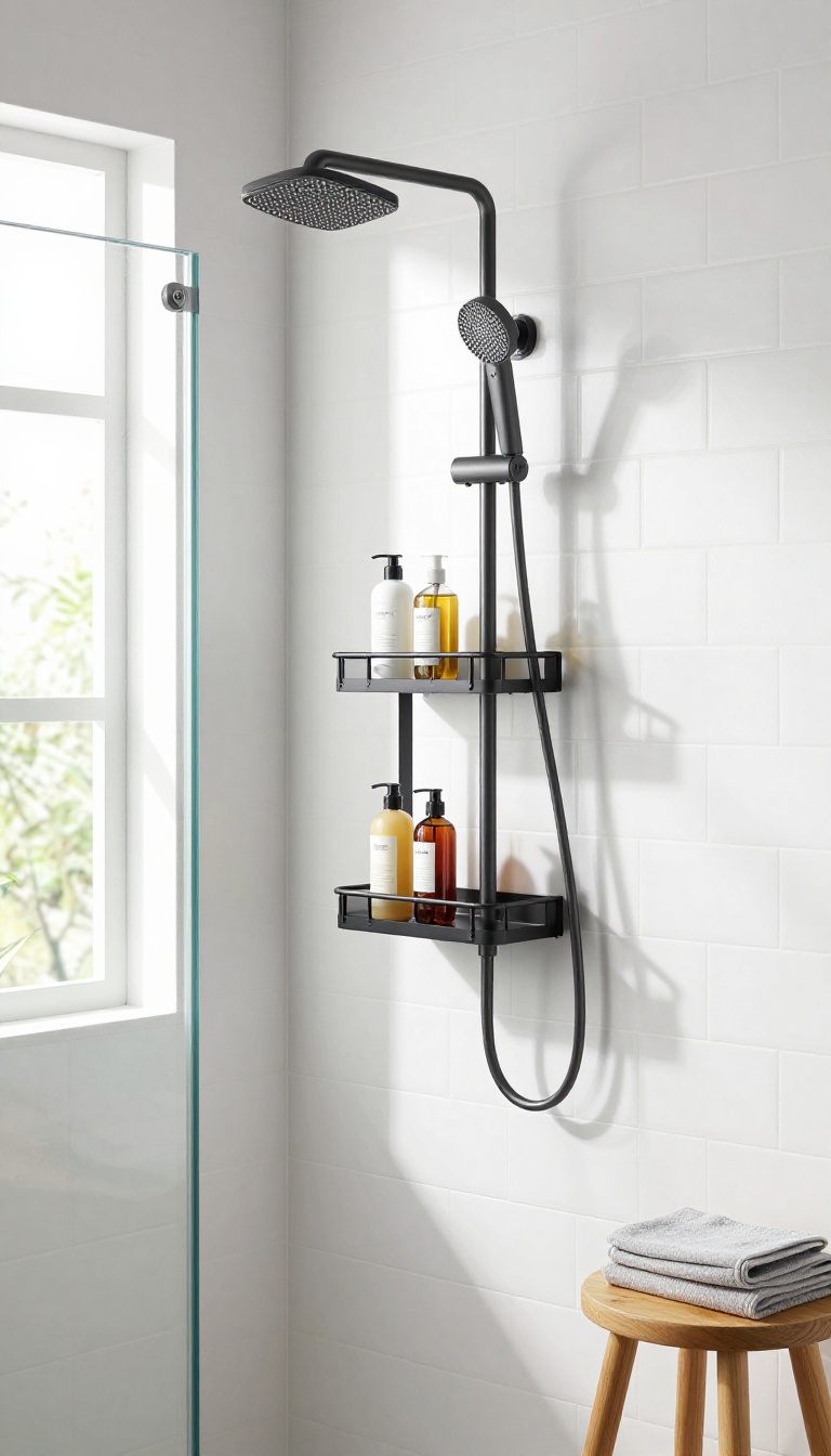 Over-the-showerhead caddy holding toiletries in a bright modern bathroom