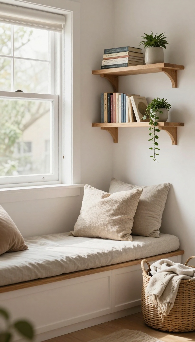 Bright bedroom corner reading nook with a built-in window seat cushion and floating bookshelves above, styled with books and a small plant in natural light