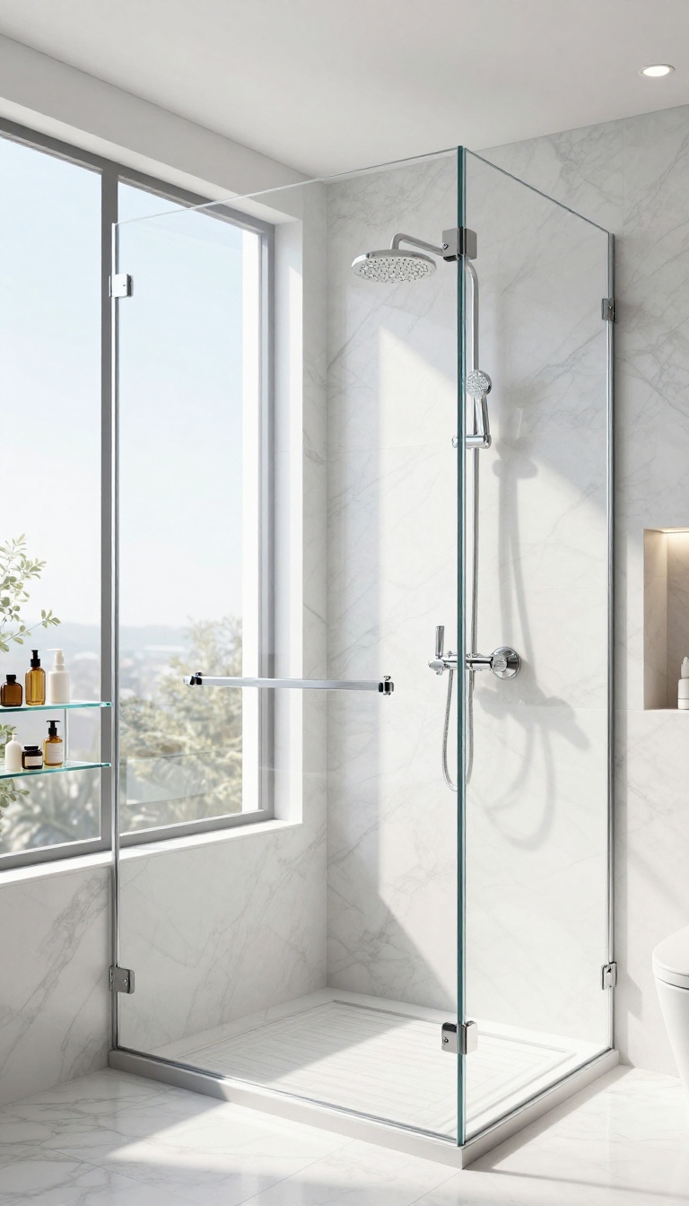 Walk-in master shower with frameless glass panels and marble tile