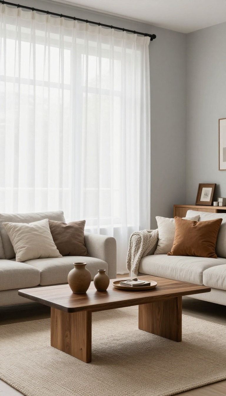 Bright living room with soft gray-teal walls and small brown accents including a walnut coffee table, ceramic lamps, and wooden frames