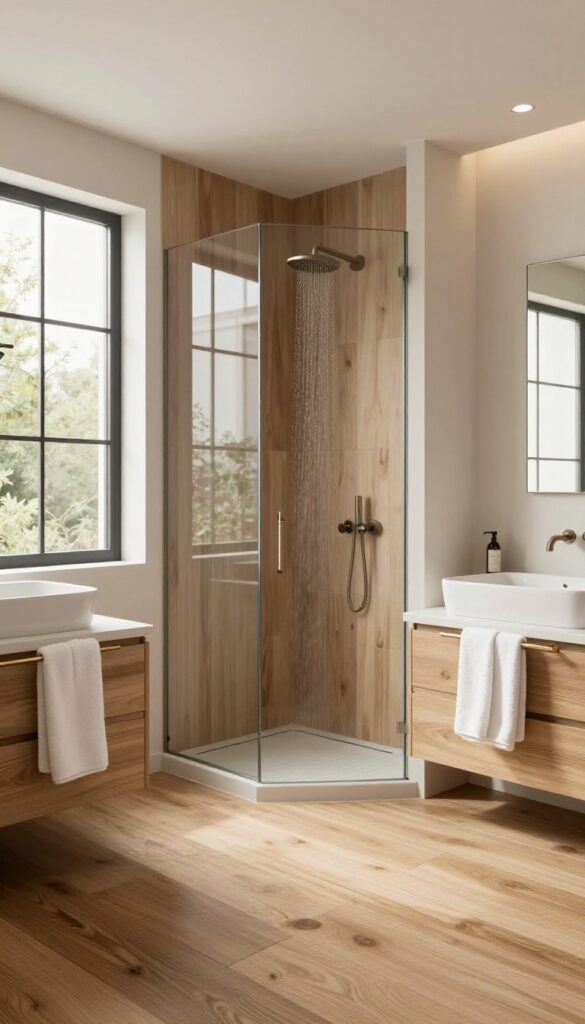 Modern farmhouse bathroom with a curbless shower, wood-look tile flooring, glass partition, and rainfall showerhead in natural light.