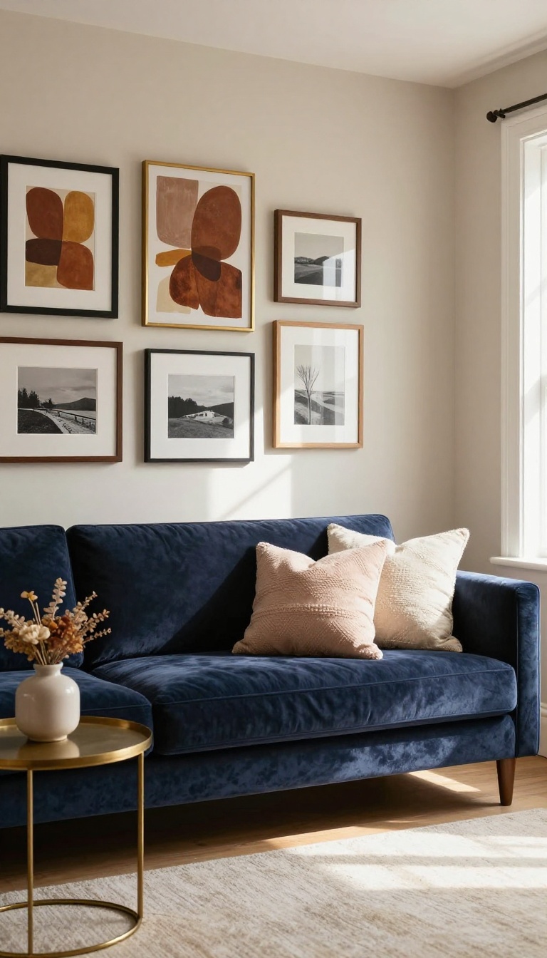 Navy blue velvet couch in a bright living room with a mixed-frame gallery wall of abstract art and black-and-white photography above it, styled with blush and cream pillows.