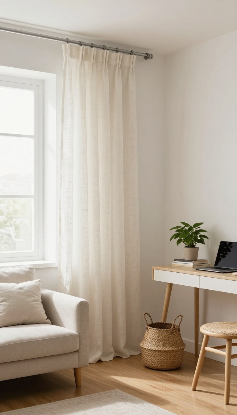 Bright small living room divided by a tension rod and lightweight curtain between a couch and a small desk